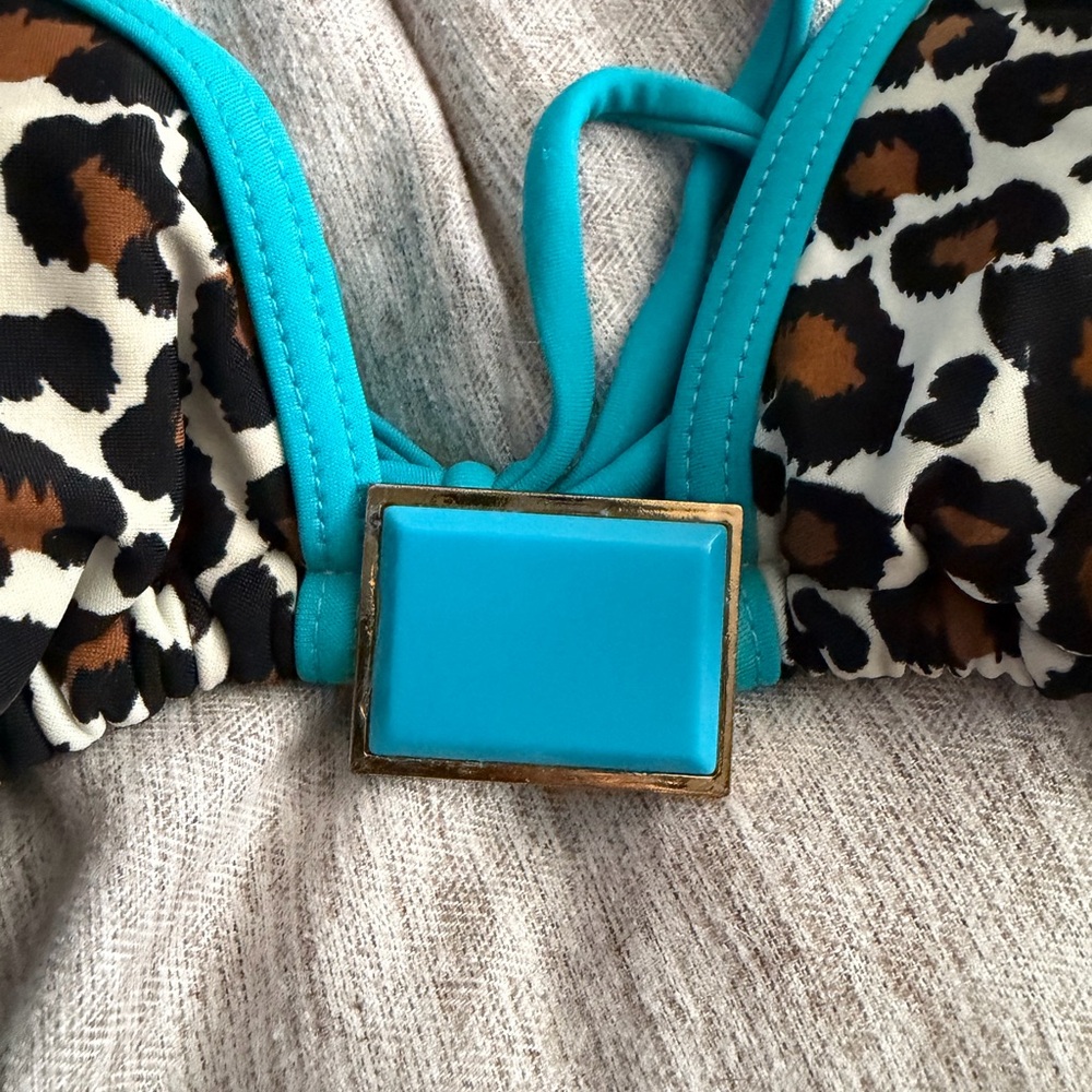 Leopard Print Bikini Top with Turquoise Accents - Picture 2 of 5